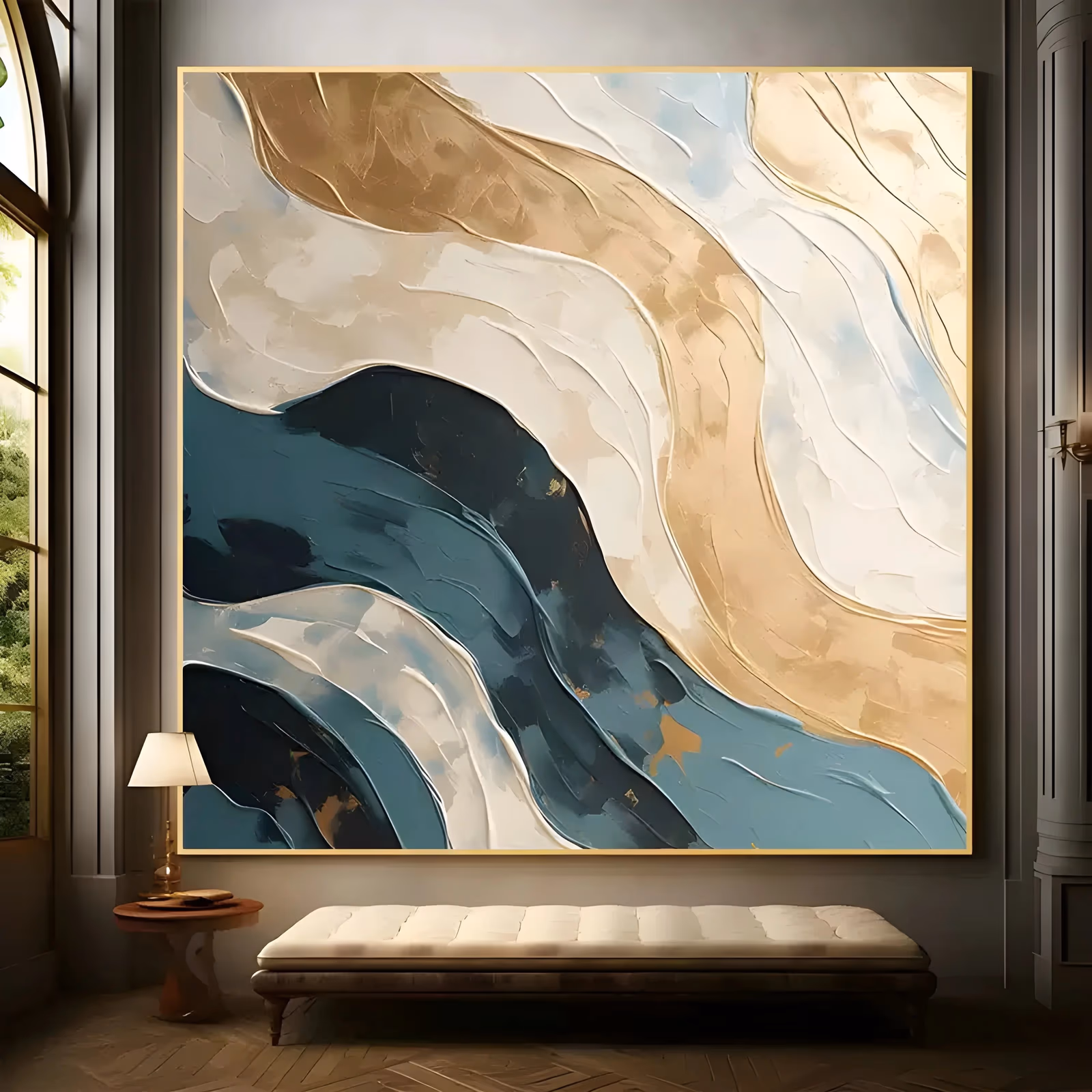 a large square abstract painting of thick layered waves in deep teal, navy, gold tan and cream rolling diagonally through the canvas, each ridge raised in sculpted palette-knife oil