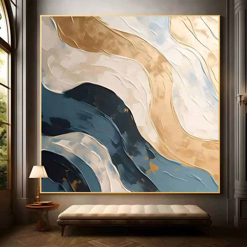 a large square abstract painting of thick layered waves in deep teal, navy, gold tan and cream rolling diagonally through the canvas, each ridge raised in sculpted palette-knife oil