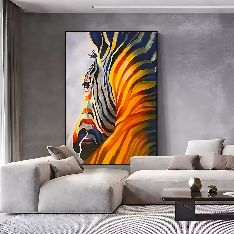 a large vertical painting of a zebra head in profile facing left, its mane sweeping right in wide orange, yellow, navy and olive stripes, the face black and white with red flecks on a pale gray ground, in brushed oil