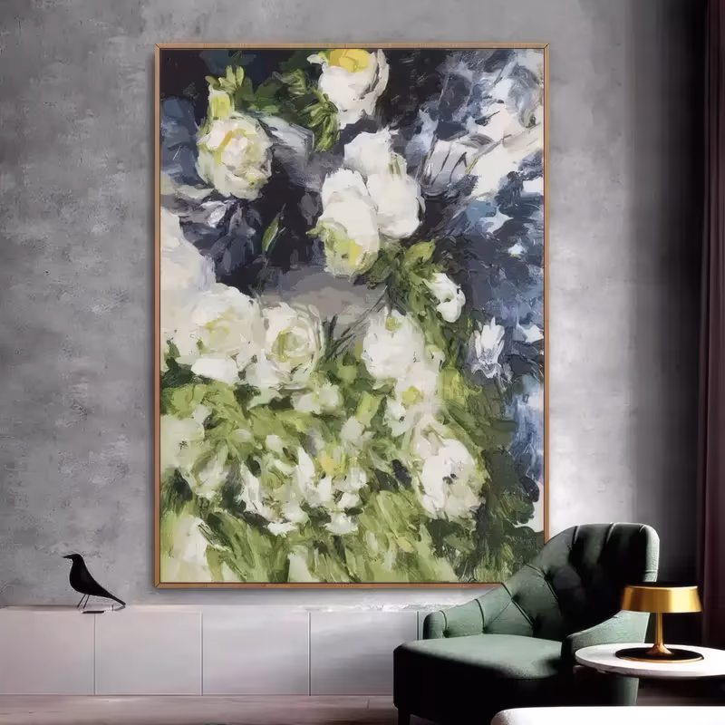a large vertical impressionist painting of white peonies massed low in the frame with bright green leaves below them and a dark navy and gray ground behind, built in thick knife-loaded paint