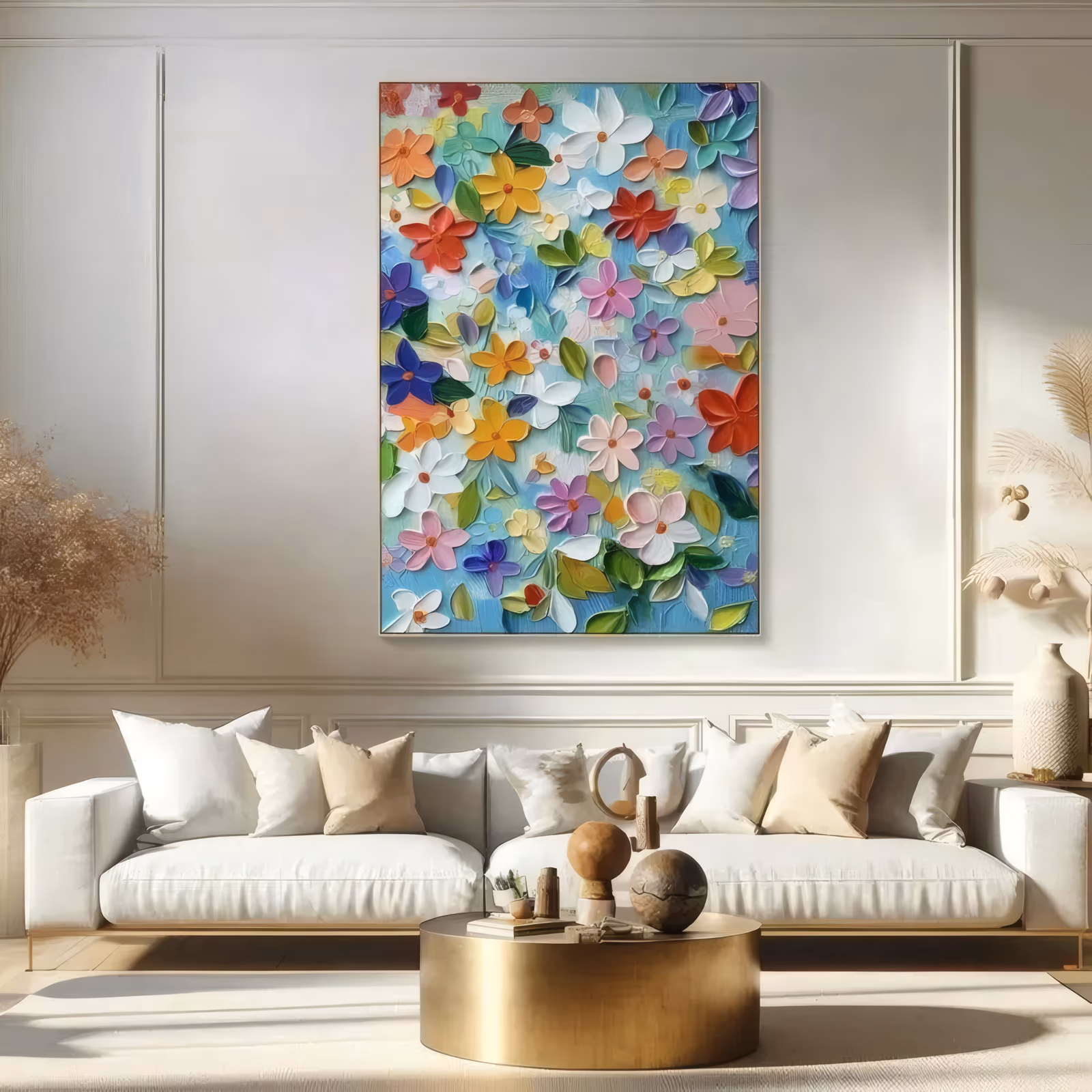 a large vertical floral painting of many small five-petal blossoms in white, orange, pink, purple and yellow scattered over a sky-blue ground with green leaves between them, built in raised 3d relief plaster