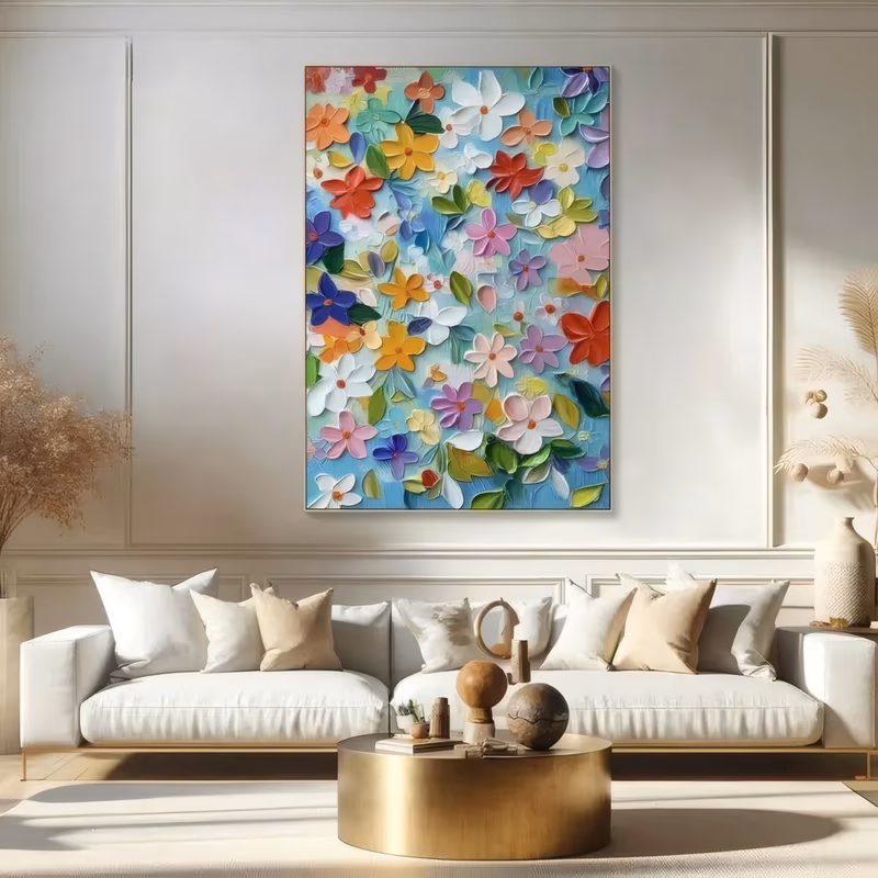 a large vertical floral painting of many small five-petal blossoms in white, orange, pink, purple and yellow scattered over a sky-blue ground with green leaves between them, built in raised 3d relief plaster