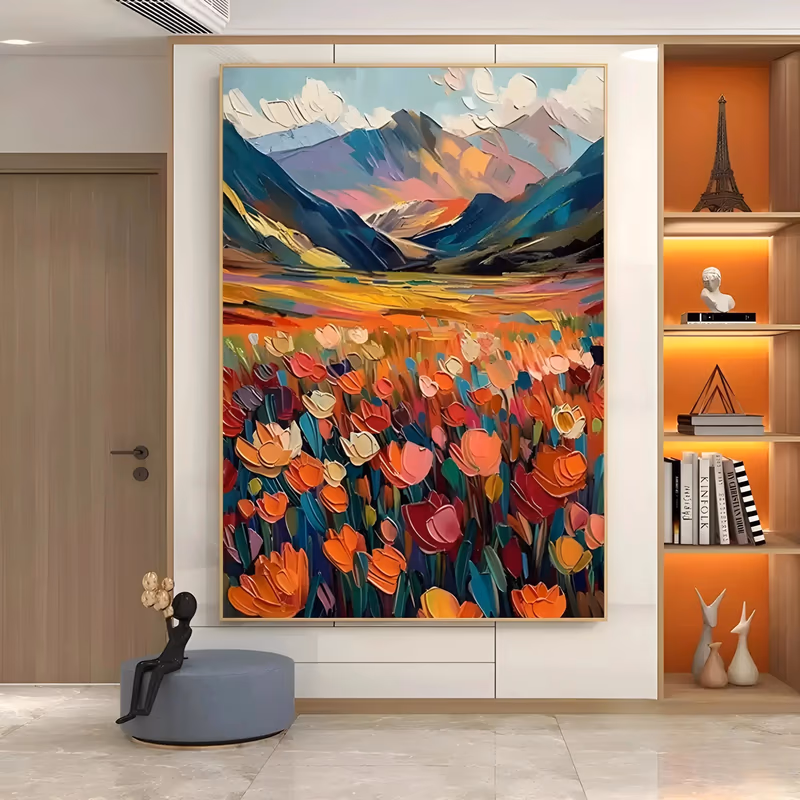 a large vertical impressionist painting of an orange and red tulip field below layered teal, blue and pink mountains under a pale sky, built in thick palette-knife impasto