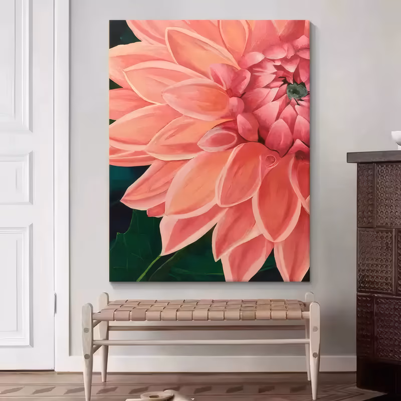 a large vertical realist floral painting of one oversized coral pink dahlia filling most of the frame, its layered petals opening from a small green center at upper right, against near-black leaves, in smooth blended oil