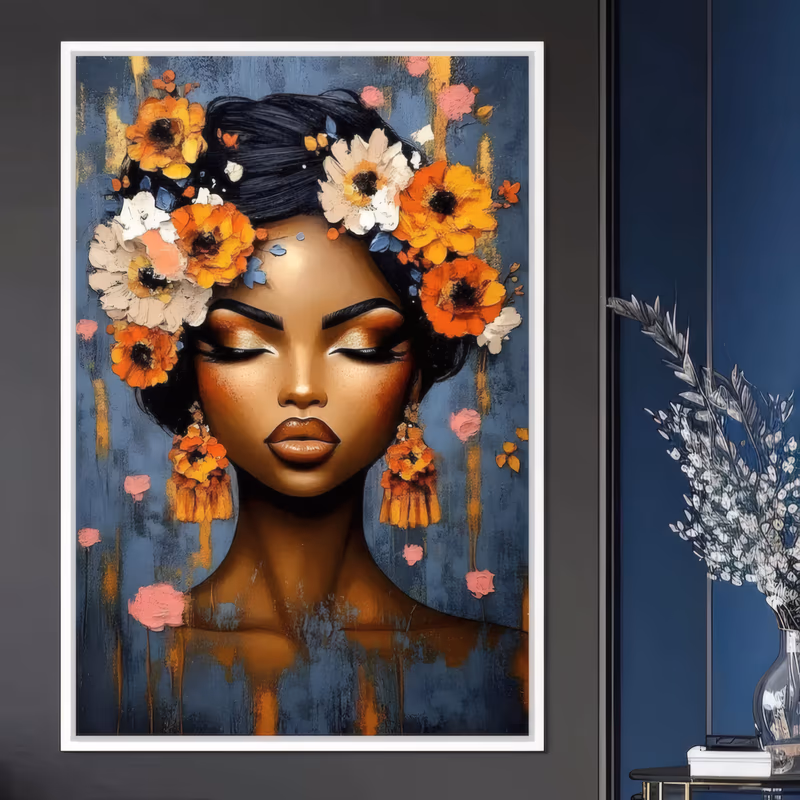 a large vertical portrait painting of a dark-skinned woman with closed eyes and gold-lit skin, crowned by thick orange, cream and pink flowers, on a slate blue ground streaked with gold drips, in raised acrylic impasto