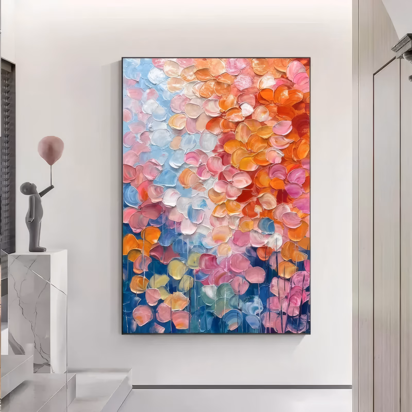 a large vertical textured painting of hundreds of rounded petals in orange, coral, pink and white massed at the upper right, cooling to teal and steel blue at the base, in heavy sculpted impasto
