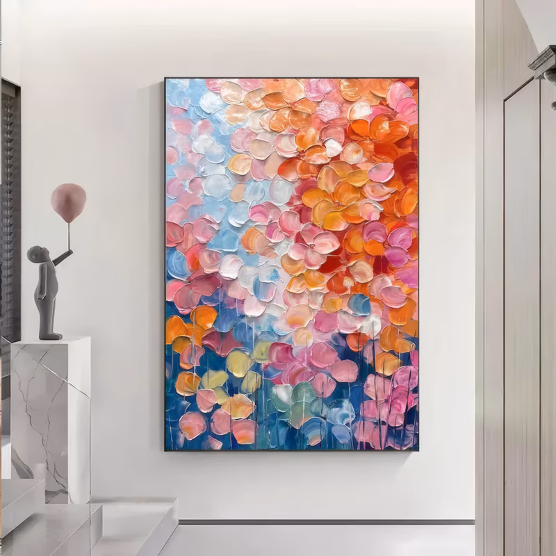 a large vertical textured painting of hundreds of rounded petals in orange, coral, pink and white massed at the upper right, cooling to teal and steel blue at the base, in heavy sculpted impasto