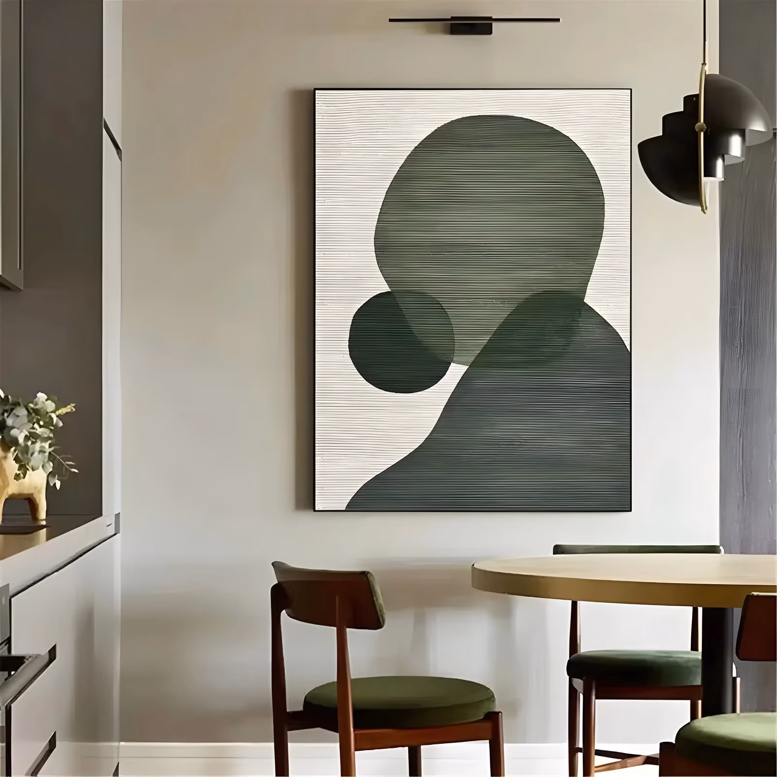 a large vertical minimalist painting of three overlapping dark green circles stacked off-center on a finely ribbed off-white ground, the paint combed into close horizontal ridges, in heavy worked acrylic