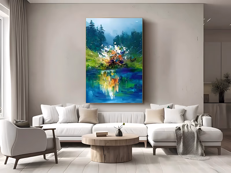 a large vertical impressionist painting of a blossoming tree in white orange and violet standing on a green bank above a misty forest lake, its colors mirrored in blue water below, in thick palette-knife impasto