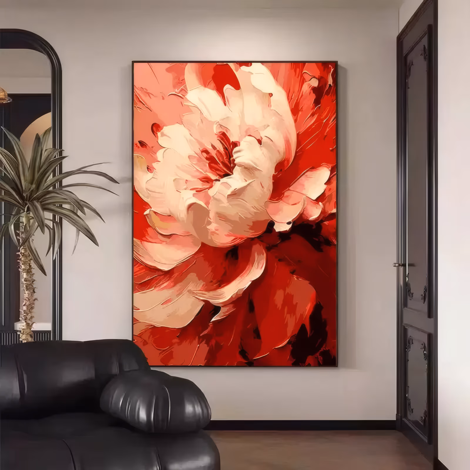 a large vertical floral painting of a single peony filling the whole frame, pale cream and blush petals curling out from a small red heart at the center against deep crimson outer petals, in flat brushed acrylic