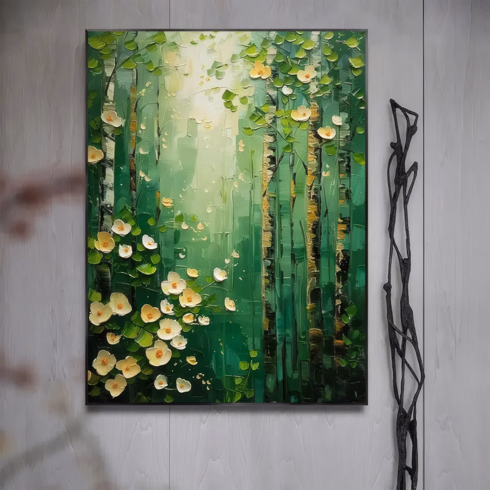 a large vertical impressionist painting of slender birch trunks in a deep green forest, thick cream white blossoms and round leaf dabs massed at the left and a pale glow at the center, in heavy palette-knife relief