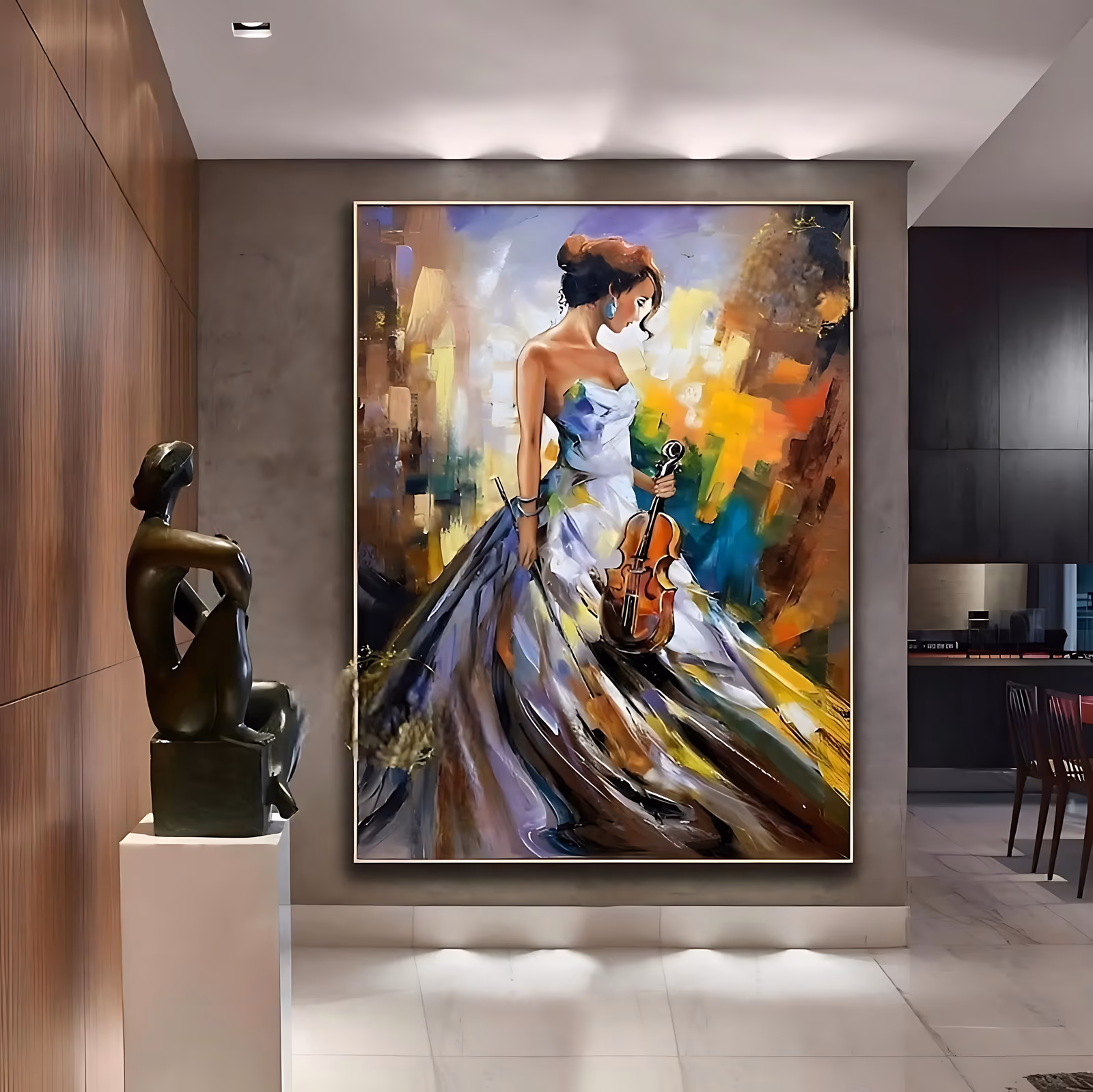 a large vertical impressionist painting of a woman in a white strapless gown holding a violin at her side, her skirt sweeping into purple, brown and yellow knife strokes, on a loose abstract background, in oil