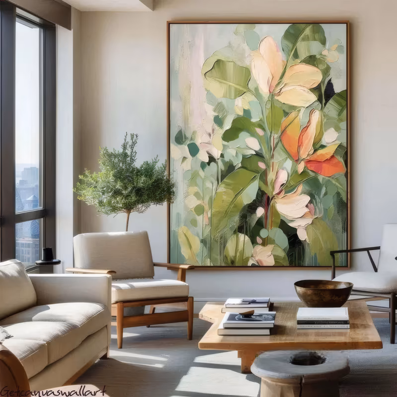 a large vertical botanical painting of broad sage and emerald green leaves filling the frame with peach and cream five-petal blooms and one orange-red flower among them, in ridged palette-knife acrylic