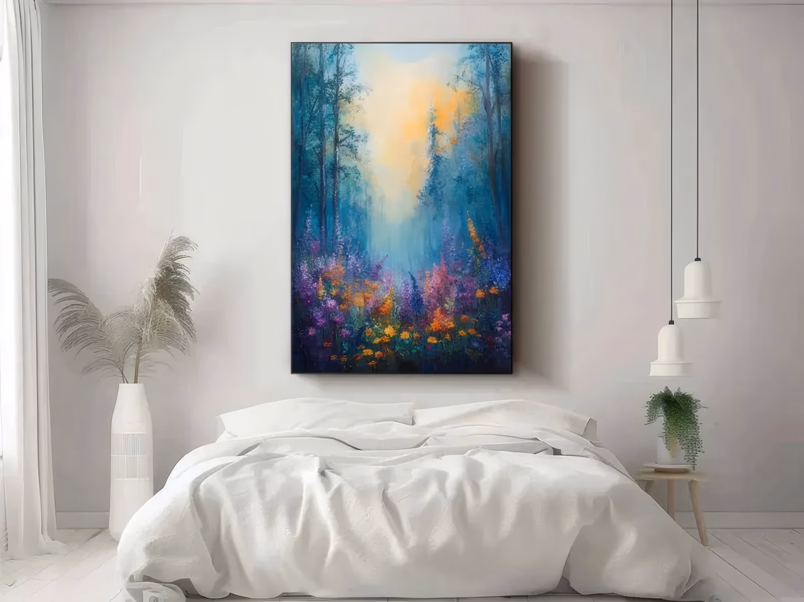 a large vertical impressionist painting of a misty teal-blue forest with a warm yellow glow between the trunks and a band of orange, magenta and purple wildflowers along the bottom edge, in soft blended oil