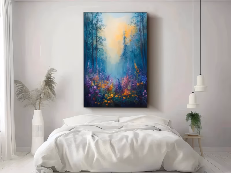 a large vertical impressionist painting of a misty teal-blue forest with a warm yellow glow between the trunks and a band of orange, magenta and purple wildflowers along the bottom edge, in soft blended oil