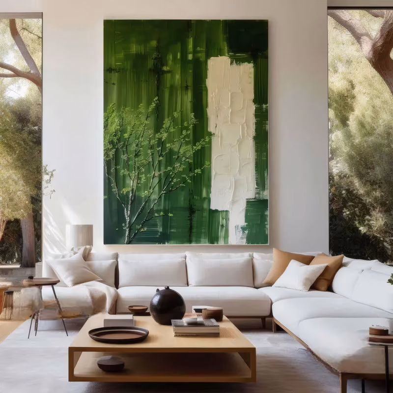 a large vertical minimalist painting of a slender white birch sprig in new leaf at the lower left of a streaked deep green ground, with a raised block of white plaster beside it, in heavy palette-knife oil
