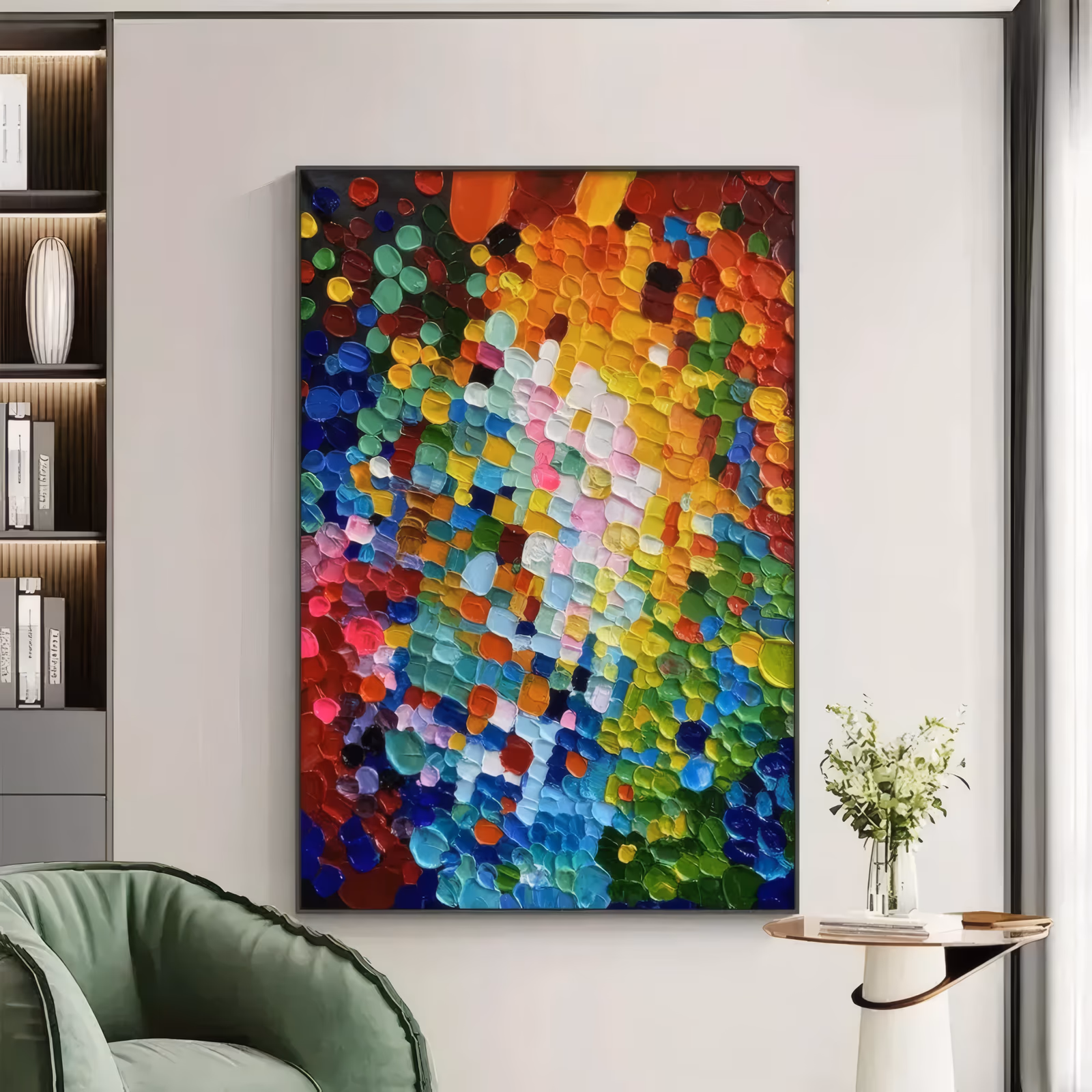 a large vertical abstract painting made of hundreds of thick round paint dots in red, blue, green, yellow and white, packed tightly over the whole panel with a pale diagonal band through the middle, in heavy impasto
