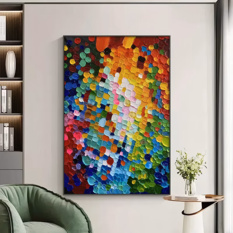 a large vertical abstract painting made of hundreds of thick round paint dots in red, blue, green, yellow and white, packed tightly over the whole panel with a pale diagonal band through the middle, in heavy impasto