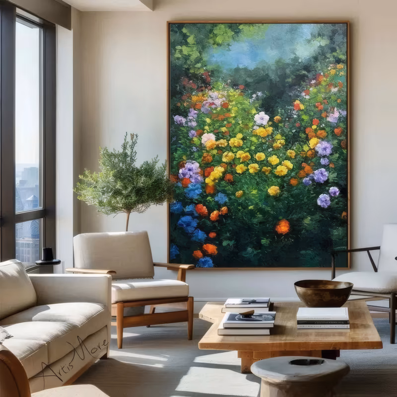 a large vertical impressionist painting of a packed garden bed where yellow and orange marigolds, lavender blooms and blue and red flowers rise out of deep green leaves under dark trees, in dense brushed oil