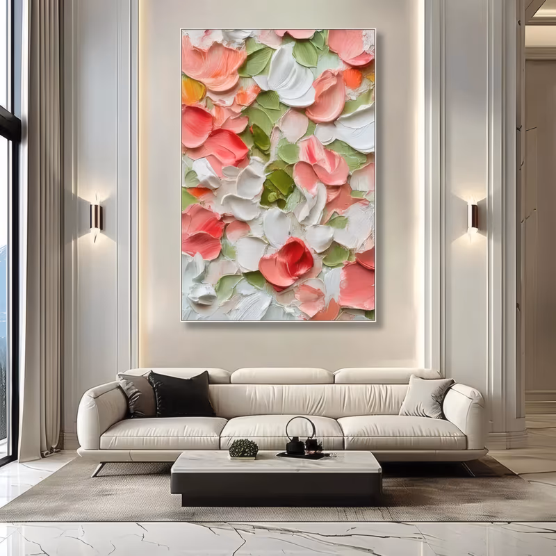 a large vertical abstract floral painting of coral pink, white and sage green petal dabs laid in thick knife strokes over the whole surface, each one standing off the canvas in high relief
