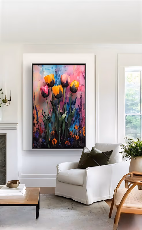 a large vertical floral painting of five tulips in orange, pink and yellow rising on thick green stems, small orange sunflowers and purple spikes at their base, on a pink, blue and turquoise impasto ground