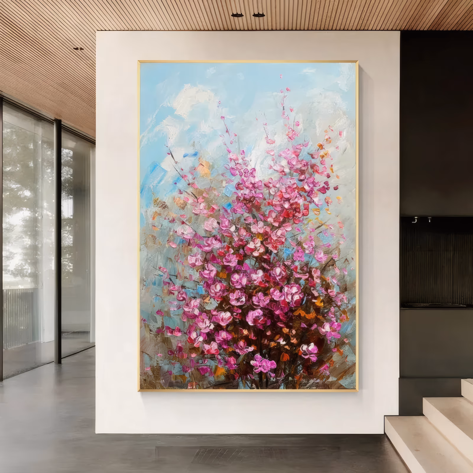 a large vertical impressionist canvas painting of a magenta and pink blossom shrub rising from brown branches against a pale blue and white sky, the flowers laid on in heavy knife dabs