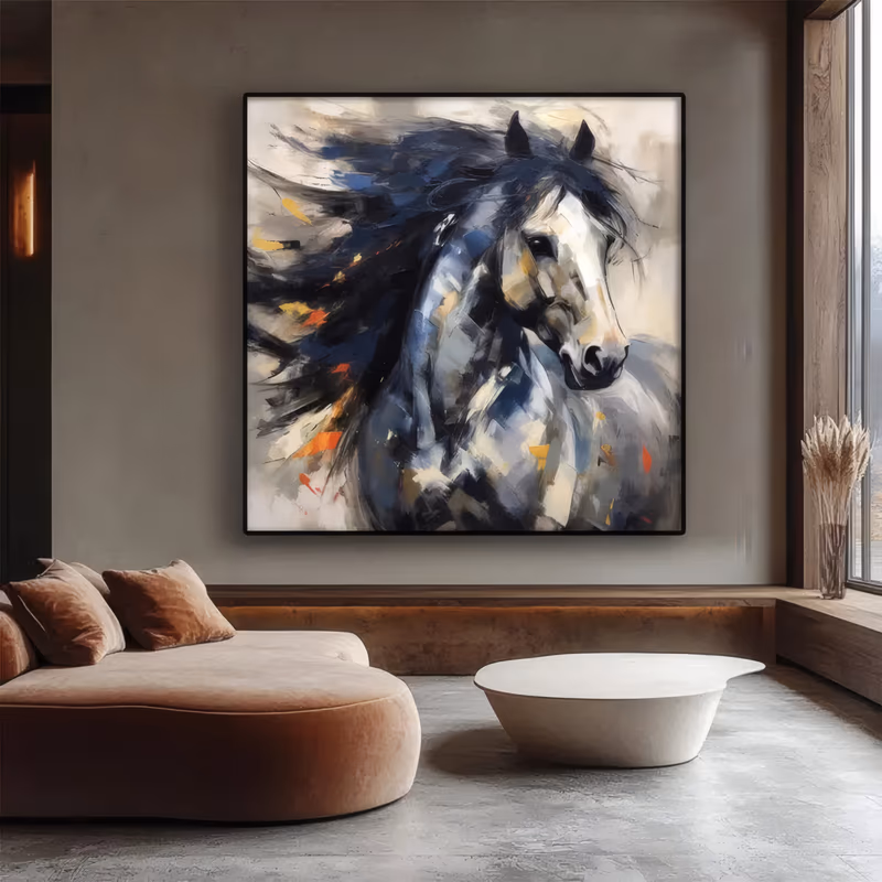a large square impressionist wall art of a horse head turned toward the viewer, its black mane flying left in broad knife strokes over gray, cream and blue planes with small orange flecks, in heavy impasto