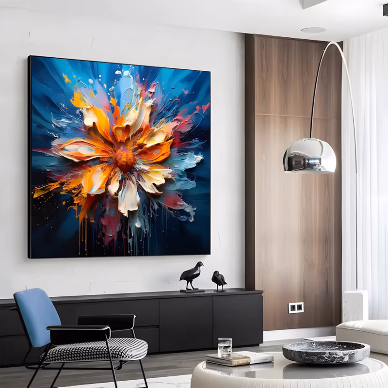 a large square floral painting of a single flower exploding at center, orange, cream and pink petals flying outward with pink and blue splatter and long drips below, on a deep blue-teal ground, in thick oil