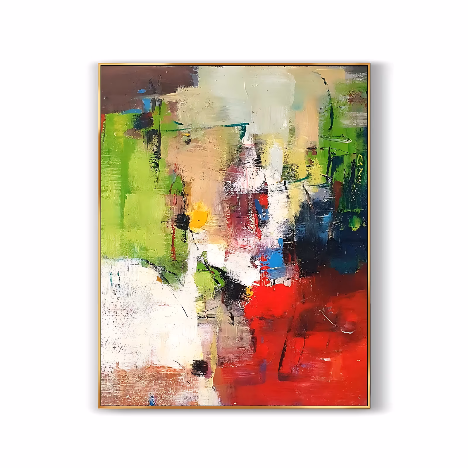 a large vertical abstract painting built from broad knife strokes, lime green at the upper left and right, crimson filling the lower right, chalk white at the lower left, with blue and black flecks, in thick oil