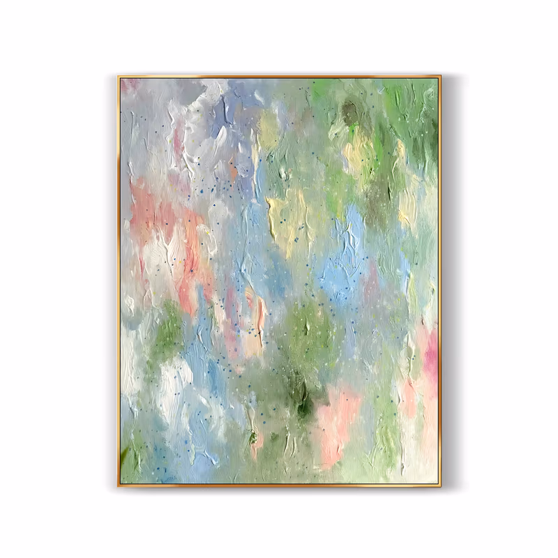 a large vertical textured abstract painting of soft green, pink, blue and cream paint worked in short overlapping dabs over the whole canvas, with fine blue speckles in the middle, in thick impasto