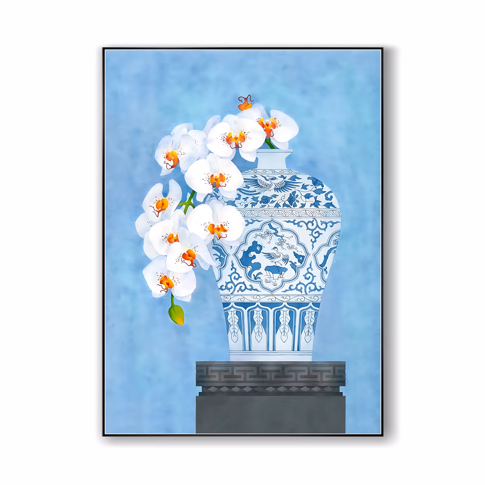 a large vertical realist still life painting of white phalaenopsis orchids with orange throats arching left out of a blue and white chinese ginger jar on a dark gray plinth, on a mottled sky blue ground, in soft washes