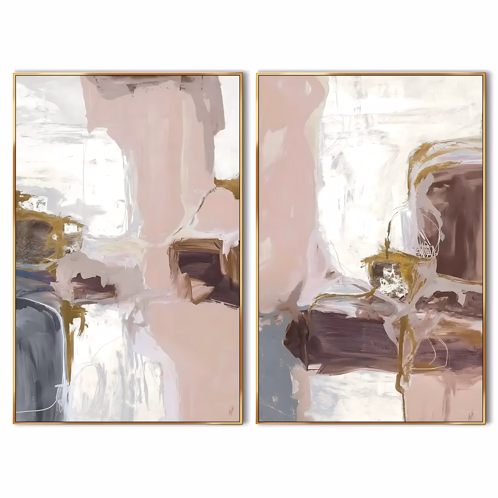 a set of two large vertical abstract paintings in dusty pink, cream, mauve and ochre, with broad knife-pulled slabs of color meeting pale gray at the lower left of each panel, in thick oil impasto