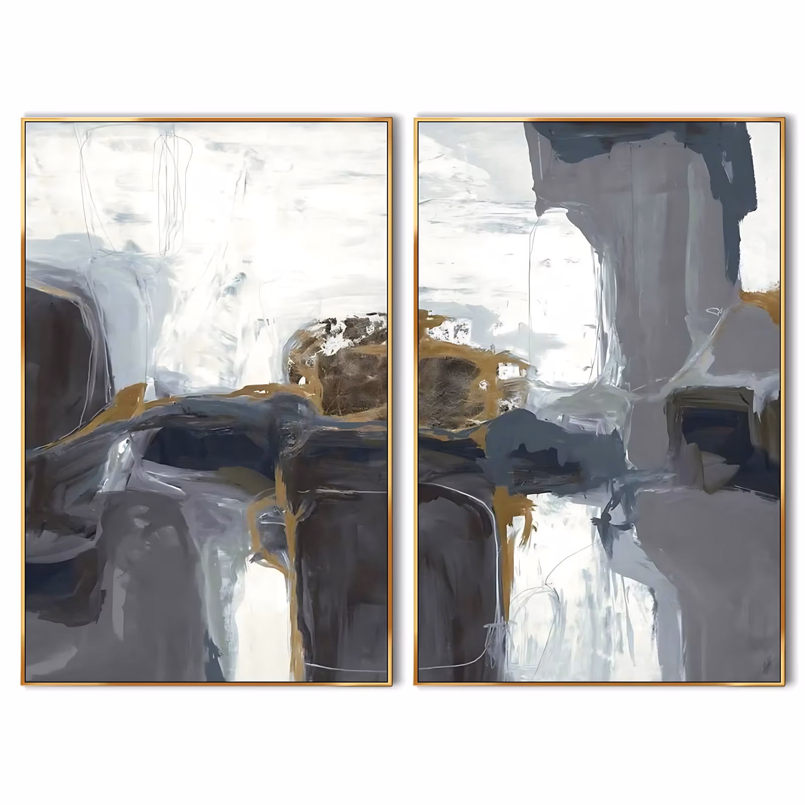a set of two large vertical abstract paintings in gray, white and charcoal, each carrying a golden ochre patch and dark blue-gray blocks near the middle, worked in broad palette-knife strokes and thick paint
