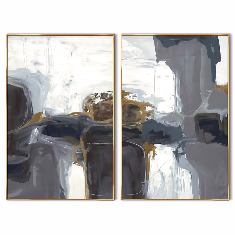 a set of two large vertical abstract paintings in gray, white and charcoal, each carrying a golden ochre patch and dark blue-gray blocks near the middle, worked in broad palette-knife strokes and thick paint