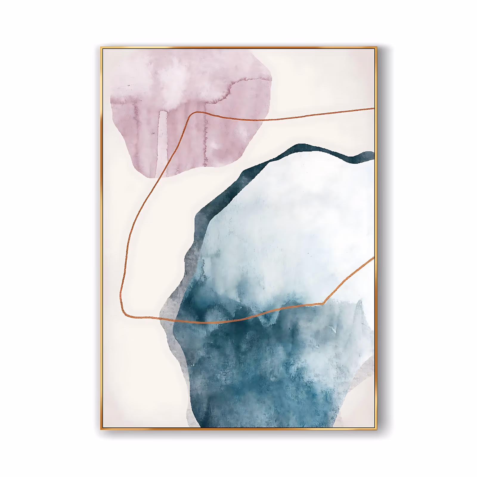 a large vertical minimalist painting of a dusty pink watercolor blob in the upper left and a larger teal and green washed form below right, joined by a thin looping rust-orange line, on a cream ground