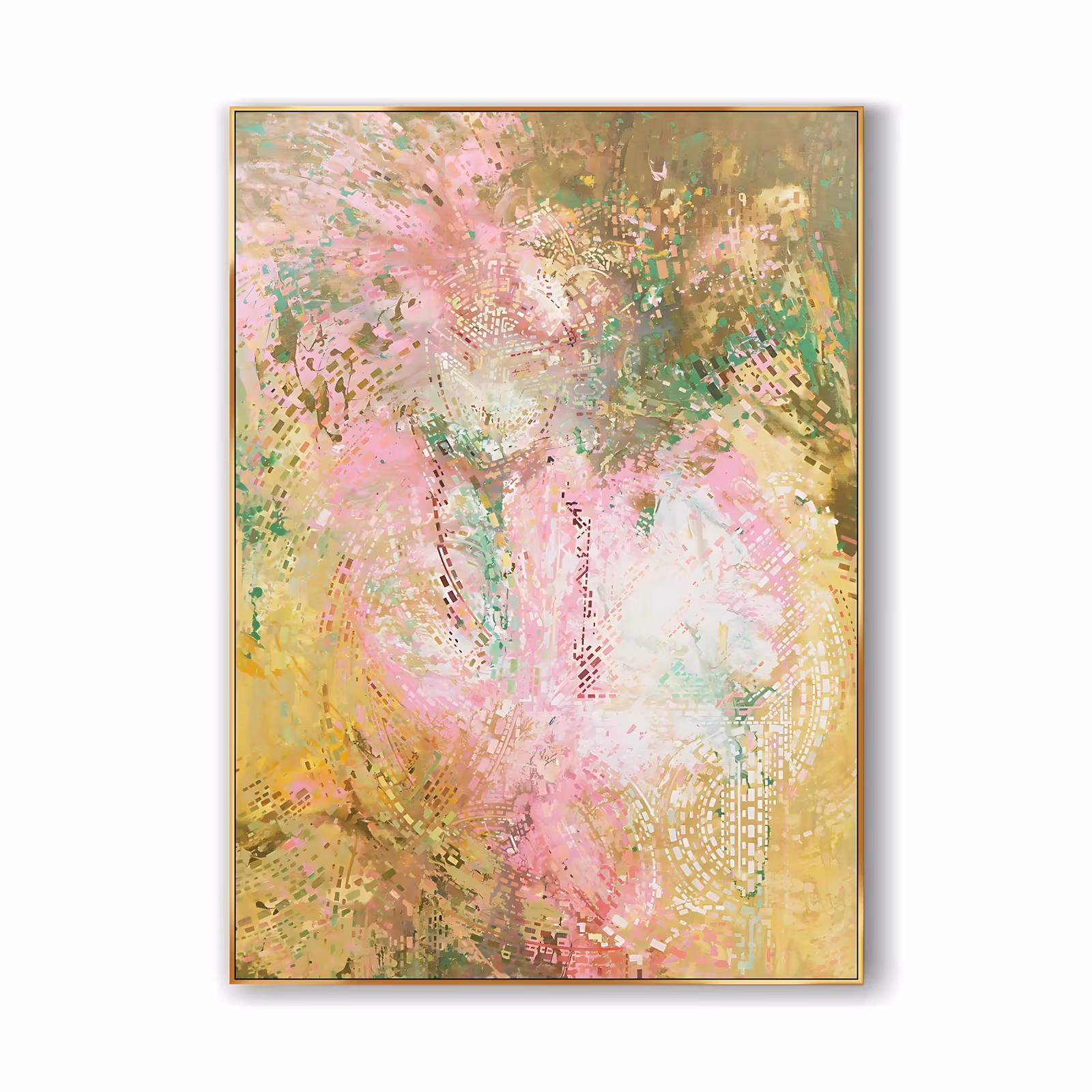 a large vertical abstract canvas painting of thousands of small pink, gold, cream and green square dabs swirling around a pale glowing center, worked in fine dry brush and thin acrylic
