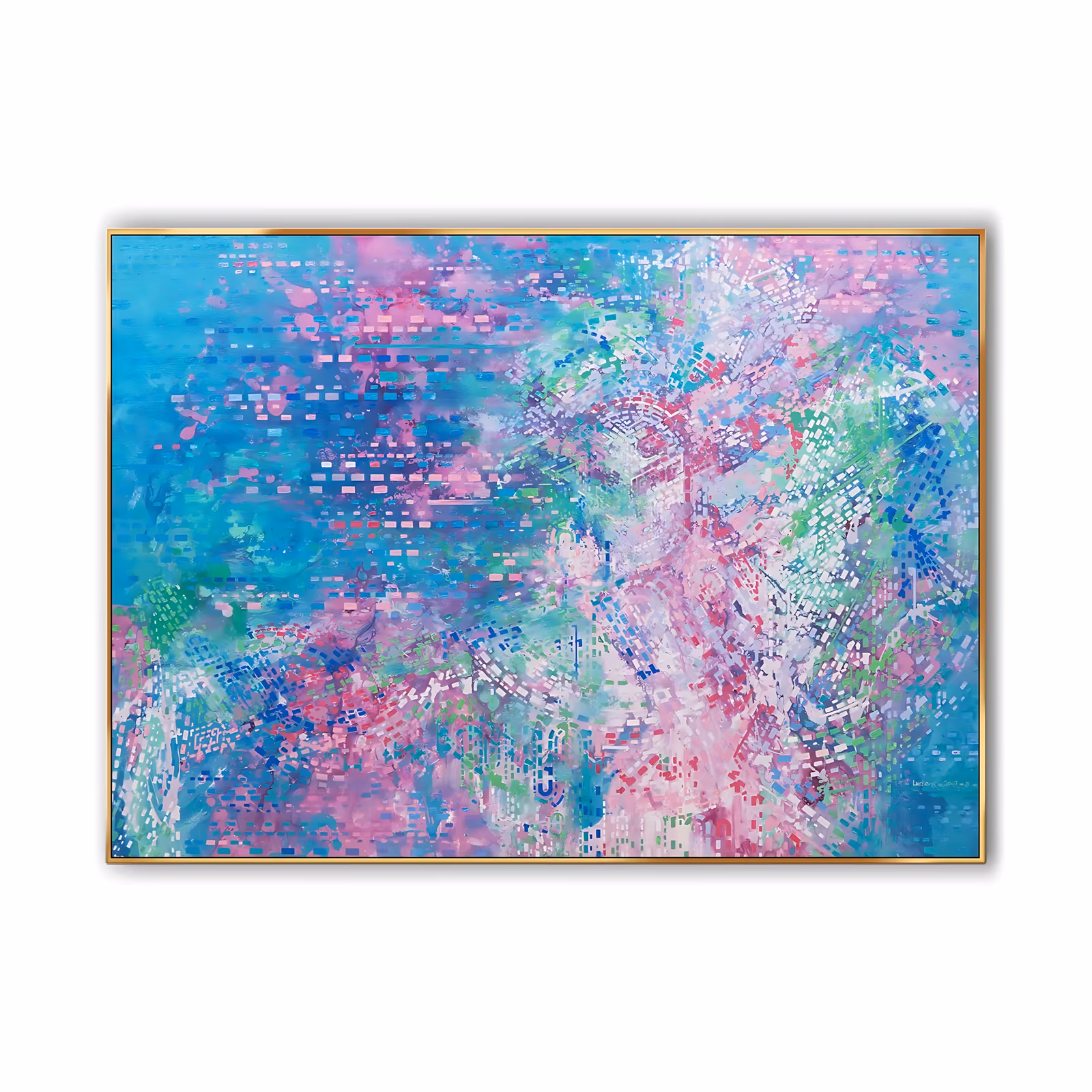a large horizontal abstract painting built from thousands of small pink, magenta, white and green dabs over a turquoise ground, densest at the right where the marks bloom outward, in fine impasto strokes
