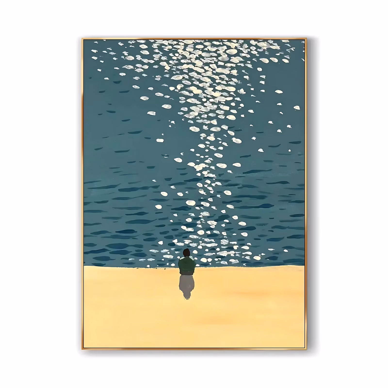 a large vertical minimalist painting of a lone figure in a green top standing on pale sand at the water's edge, facing a flat teal sea scattered with white sun sparkles, in smooth flat acrylic