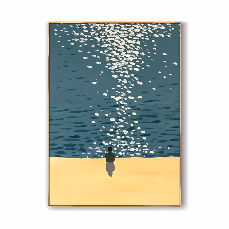 a large vertical minimalist painting of a lone figure in a green top standing on pale sand at the water's edge, facing a flat teal sea scattered with white sun sparkles, in smooth flat acrylic