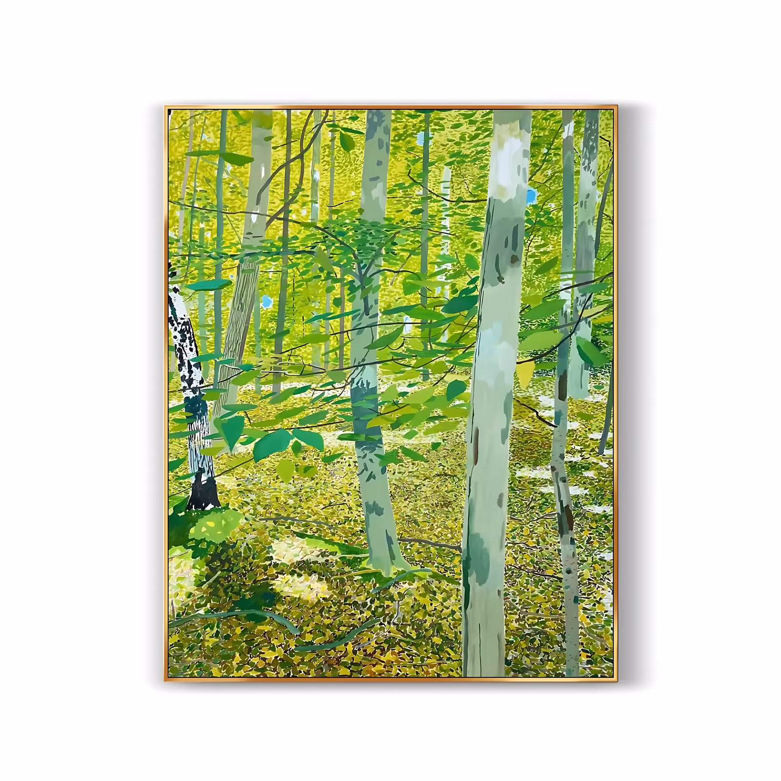 a large vertical impressionist painting of a sunlit birch woodland, pale gray green trunks rising from a floor of yellow green leaves, flat leaf shapes and small patches of blue sky between them, in smooth acrylic