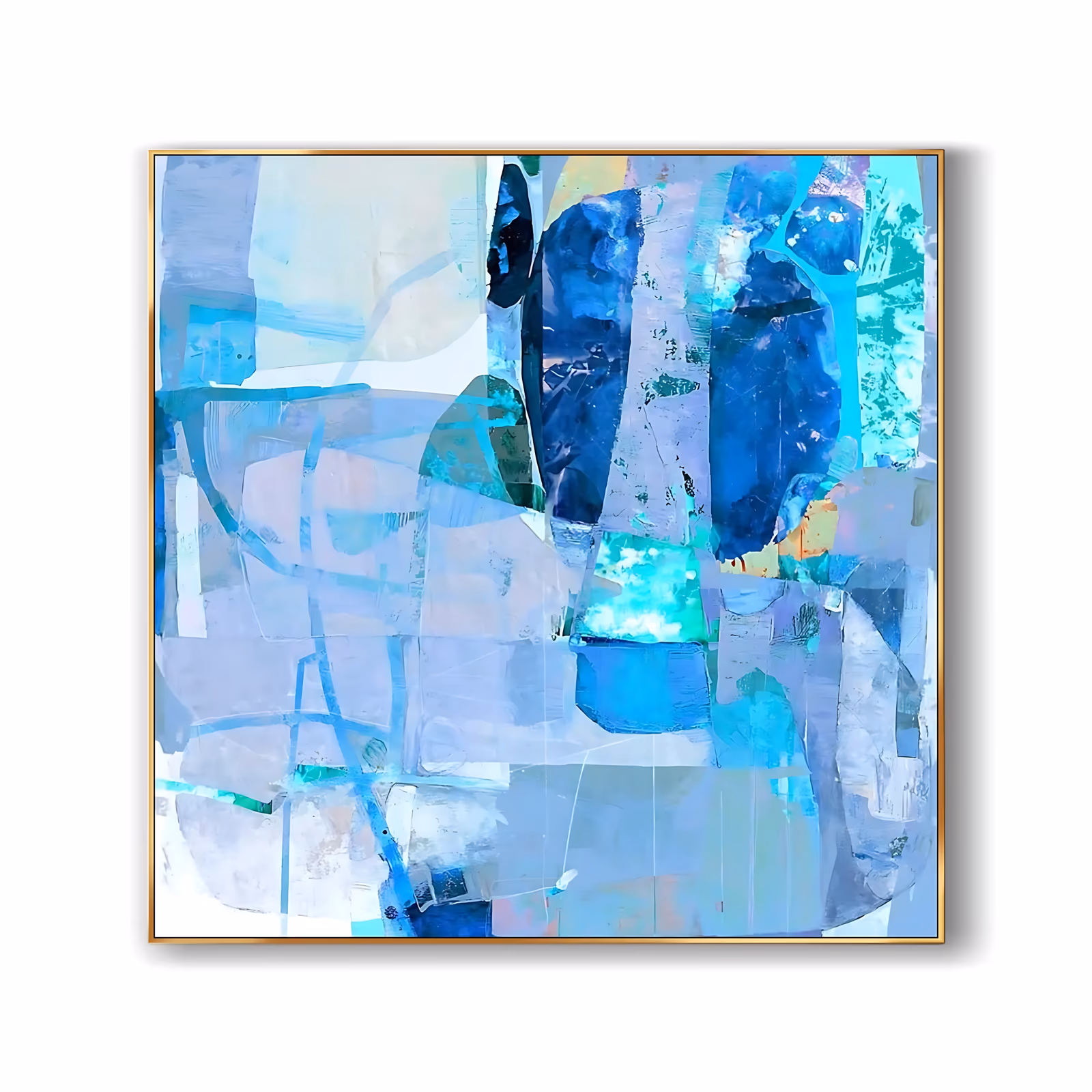 a large square abstract painting of layered collage-like shapes in periwinkle, cobalt, turquoise, mint and lavender over white, with scraped edges and thin scratched lines, in dry-brushed acrylic