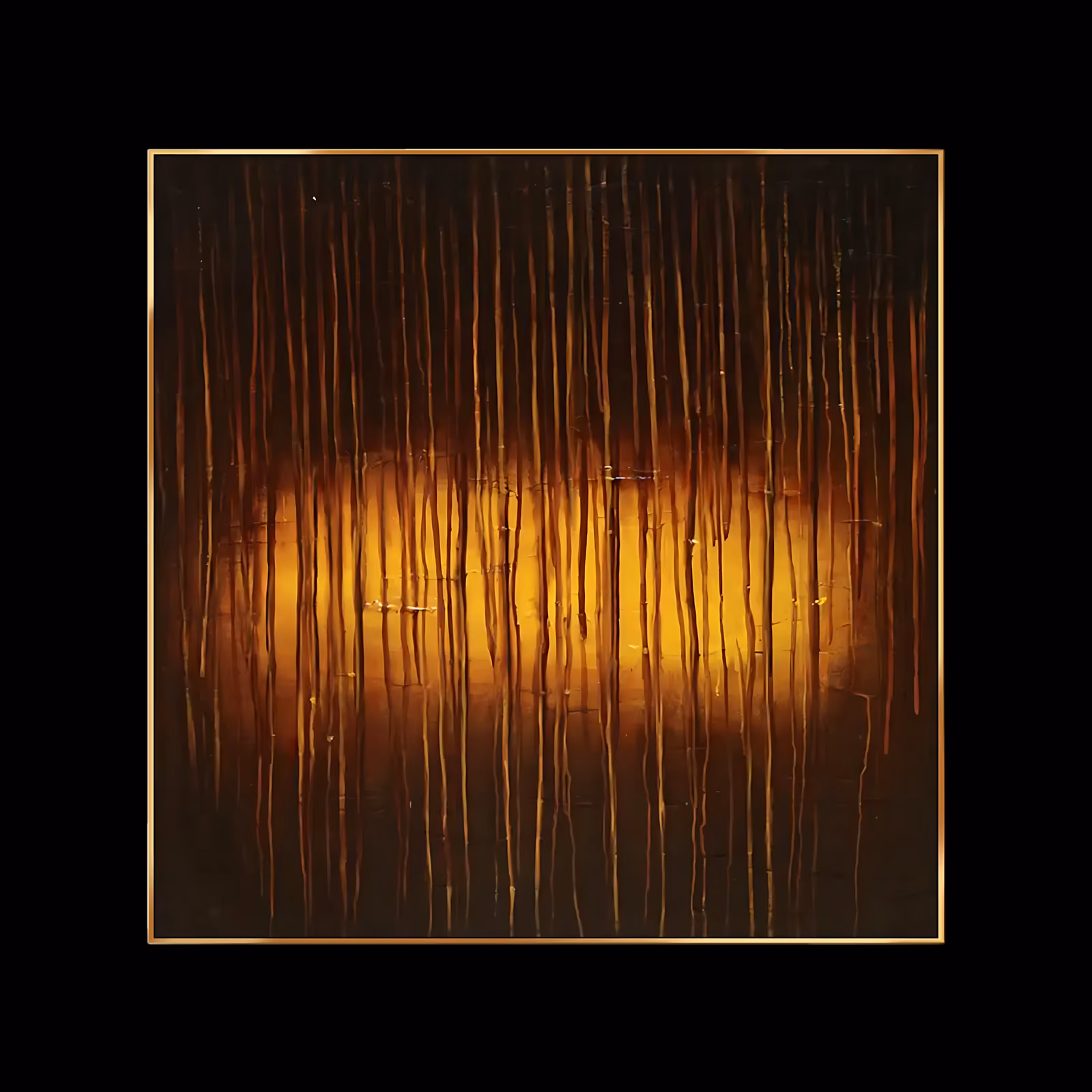a square abstract painting of dark brown and black vertical drip lines running the full height of the canvas over a wide glowing amber band at the center, in thin oil glazes on a dark ground