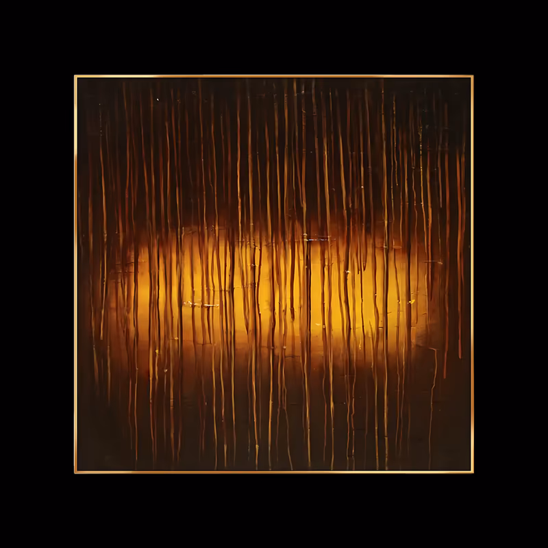 a square abstract painting of dark brown and black vertical drip lines running the full height of the canvas over a wide glowing amber band at the center, in thin oil glazes on a dark ground