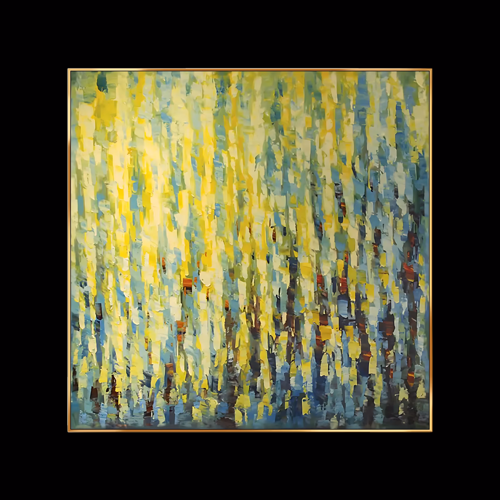 a large square abstract painting of short vertical knife dashes in lemon yellow, sky blue, green and rust, hanging like a curtain of light from top to bottom, in thick impressionist impasto
