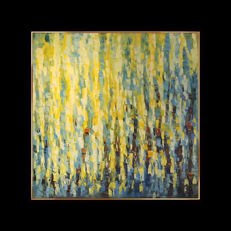 a large square abstract painting of short vertical knife dashes in lemon yellow, sky blue, green and rust, hanging like a curtain of light from top to bottom, in thick impressionist impasto