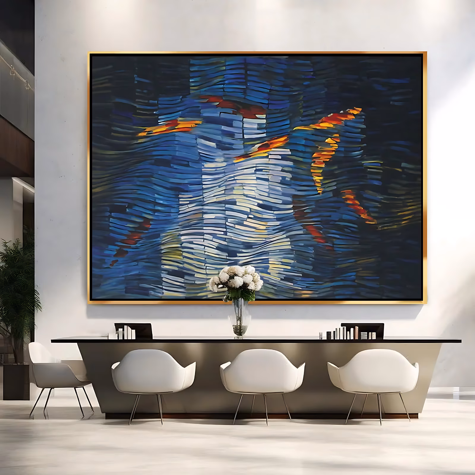 a large horizontal impressionist painting of five orange and red koi swimming through deep navy water, worked in short blocky strokes with pale blue and yellow light rippling between the fish, in thick oil
