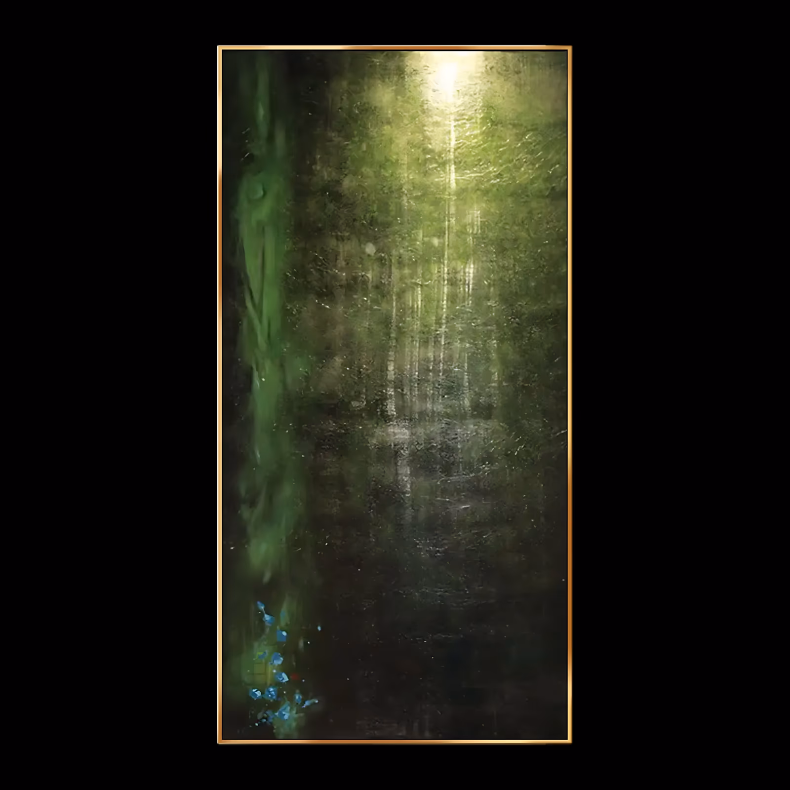 a tall narrow impressionist painting of a dark green forest with a bright shaft of sunlight falling through the trees at center, black shadow on the right and small blue blossoms low on the left, in thin dark oil