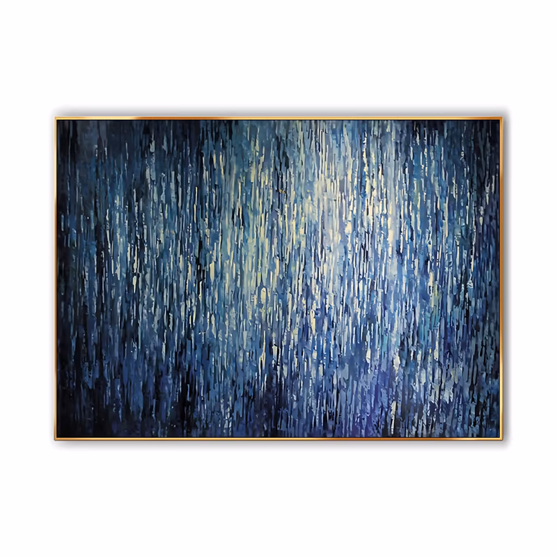 a wide horizontal abstract painting of thousands of short vertical dashes in deep blue, navy and cream, massing into a soft pale glow at the upper center, in thick palette-knife acrylic