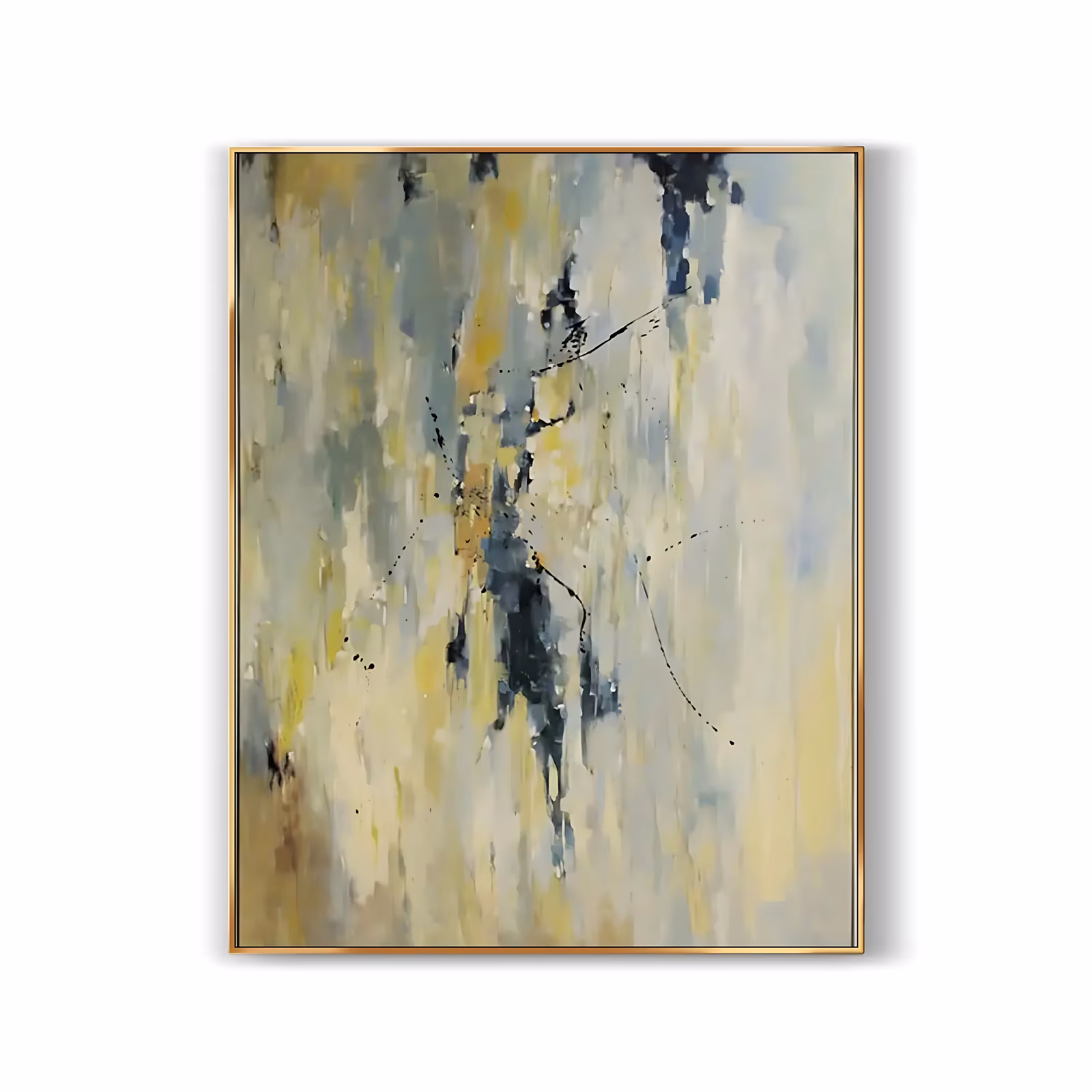 a large vertical abstract painting of soft vertical washes in pale yellow, cream and gray blue, with dark navy ink splatter and thin trailing threads gathered down the middle of the canvas, in thin brushed oil