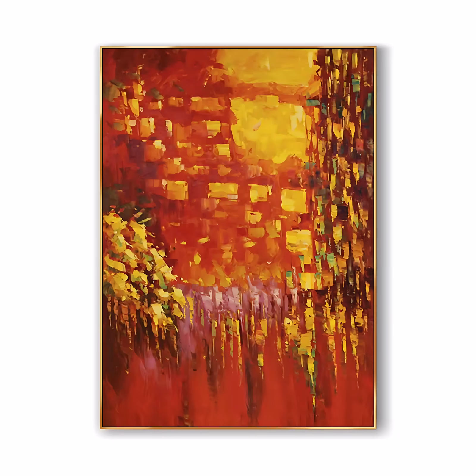 a large vertical abstract painting of glowing gold and yellow knife blocks stacked over a deep crimson field, with dark red and gold drips running down the lower third, in thick buttery oil